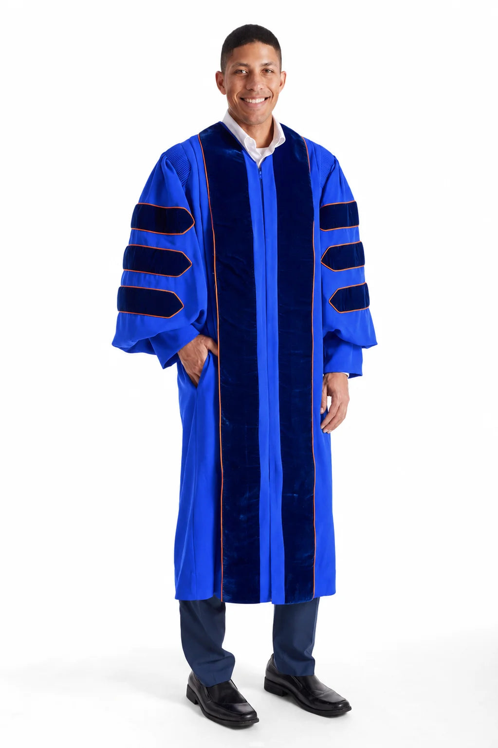 University of Florida blue doctoral gown with blue velvet panels and orange piping