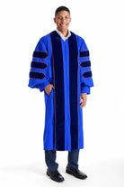 University of Florida blue doctoral gown with blue velvet panels and orange piping
