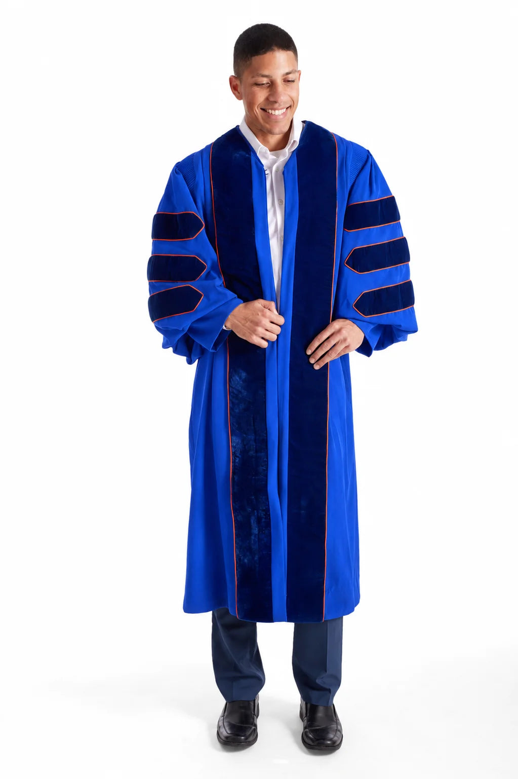 University of Florida blue doctoral gown with blue velvet panels and orange piping