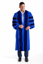 University of Florida blue doctoral gown with blue velvet panels and orange piping