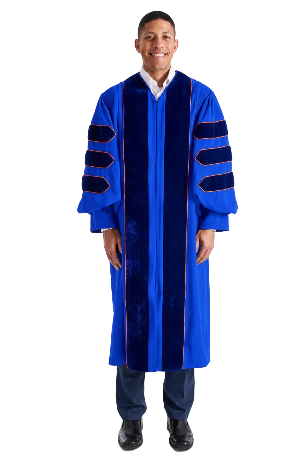 University of Florida blue doctoral gown with blue velvet panels and orange piping