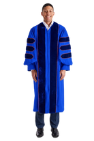 University of Florida blue doctoral gown with blue velvet panels and orange piping