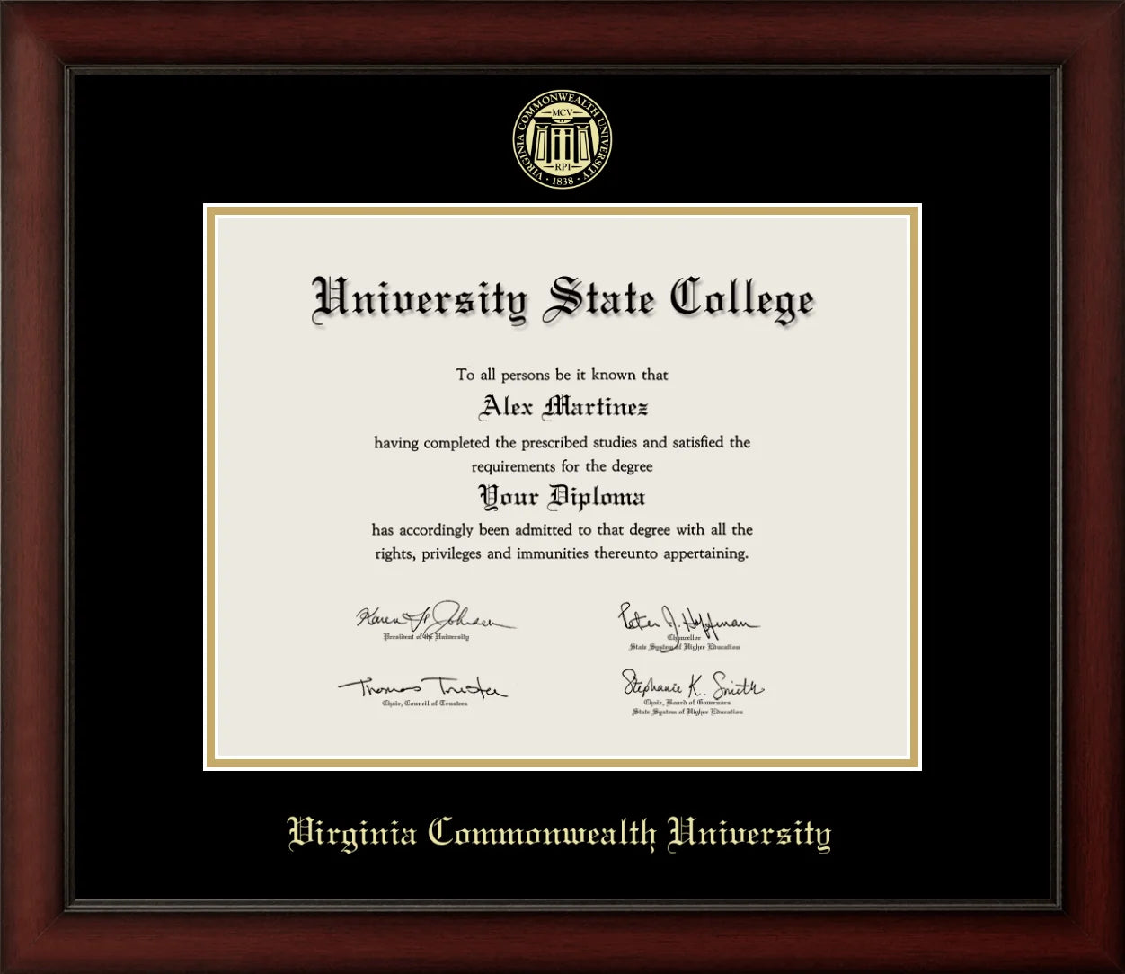 CAPGOWN | Virginia Commonwealth University Cherry Wood Diploma Frame for Bachelor, Master, and Doctoral Graduates. Designed and made in USA.