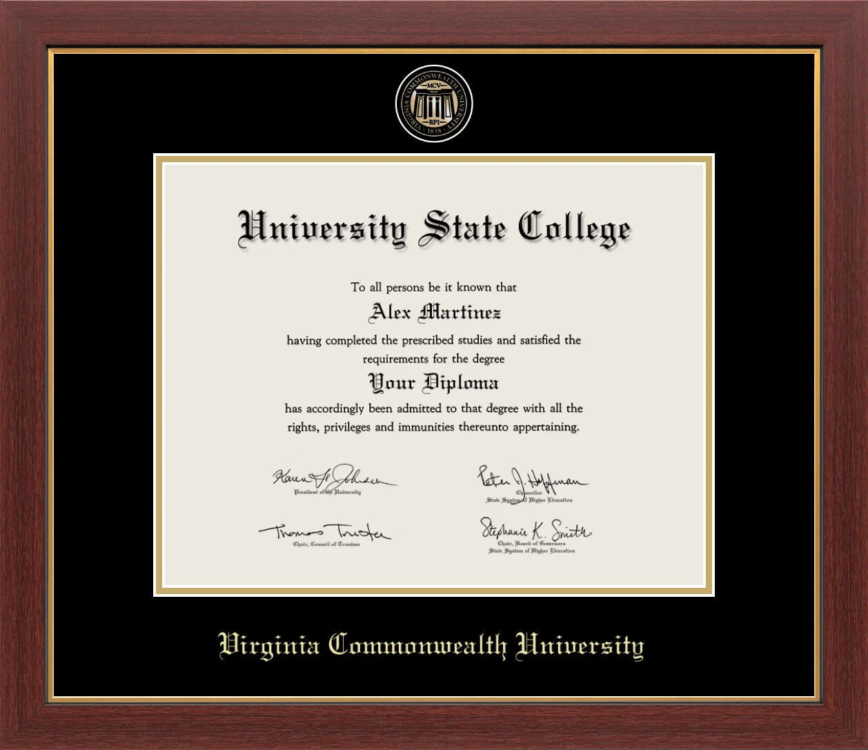 CAPGOWN | Virginia Commonwealth University Medallion Diploma Frame for Bachelor, Master, and Doctoral Graduates. Designed and made in USA.