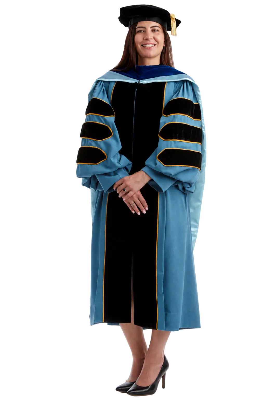 Widener University complete doctoral regalia set with gown, hood, and tam