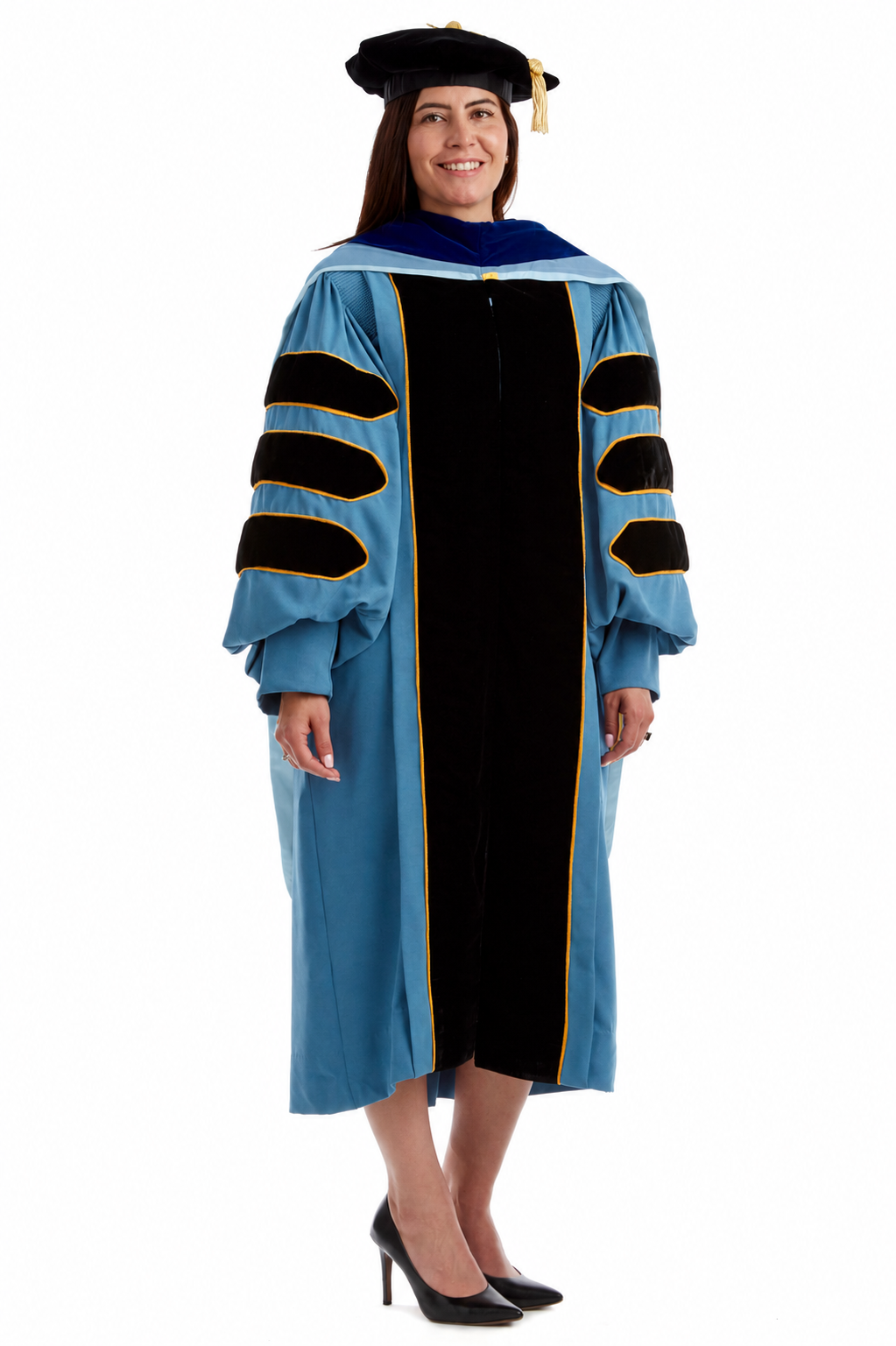 Widener University complete doctoral regalia set with gown, hood, and tam
