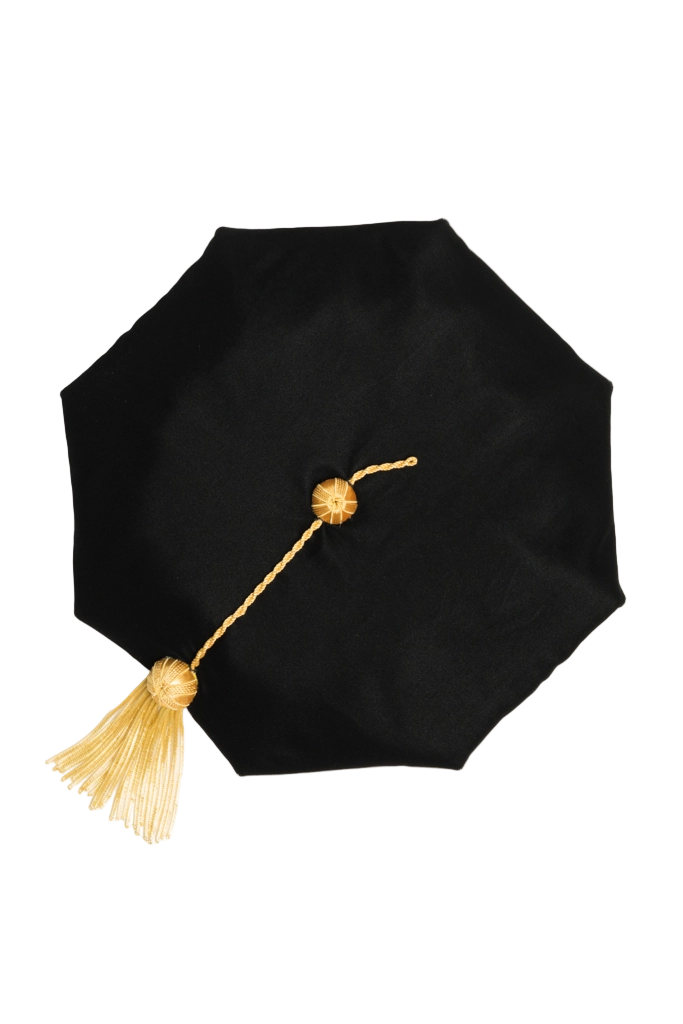 Yale University black eight-sided doctoral tam with gold bullion tassel, crafted in plush velvet for distinguished academic tradition.