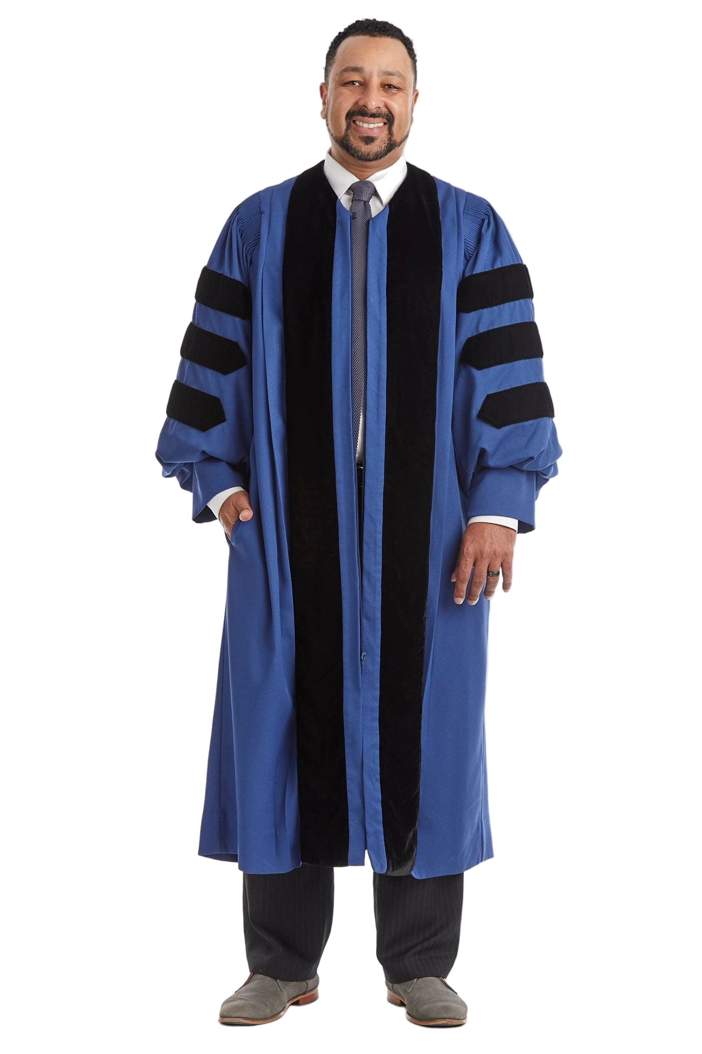 Yale University doctoral gown in official black & blue, featuring plush velvet panels, three velvet chevrons on bell sleeves, and premium tailored fabric designed to meet Intercollegiate Bureau of Academic Costume standards.