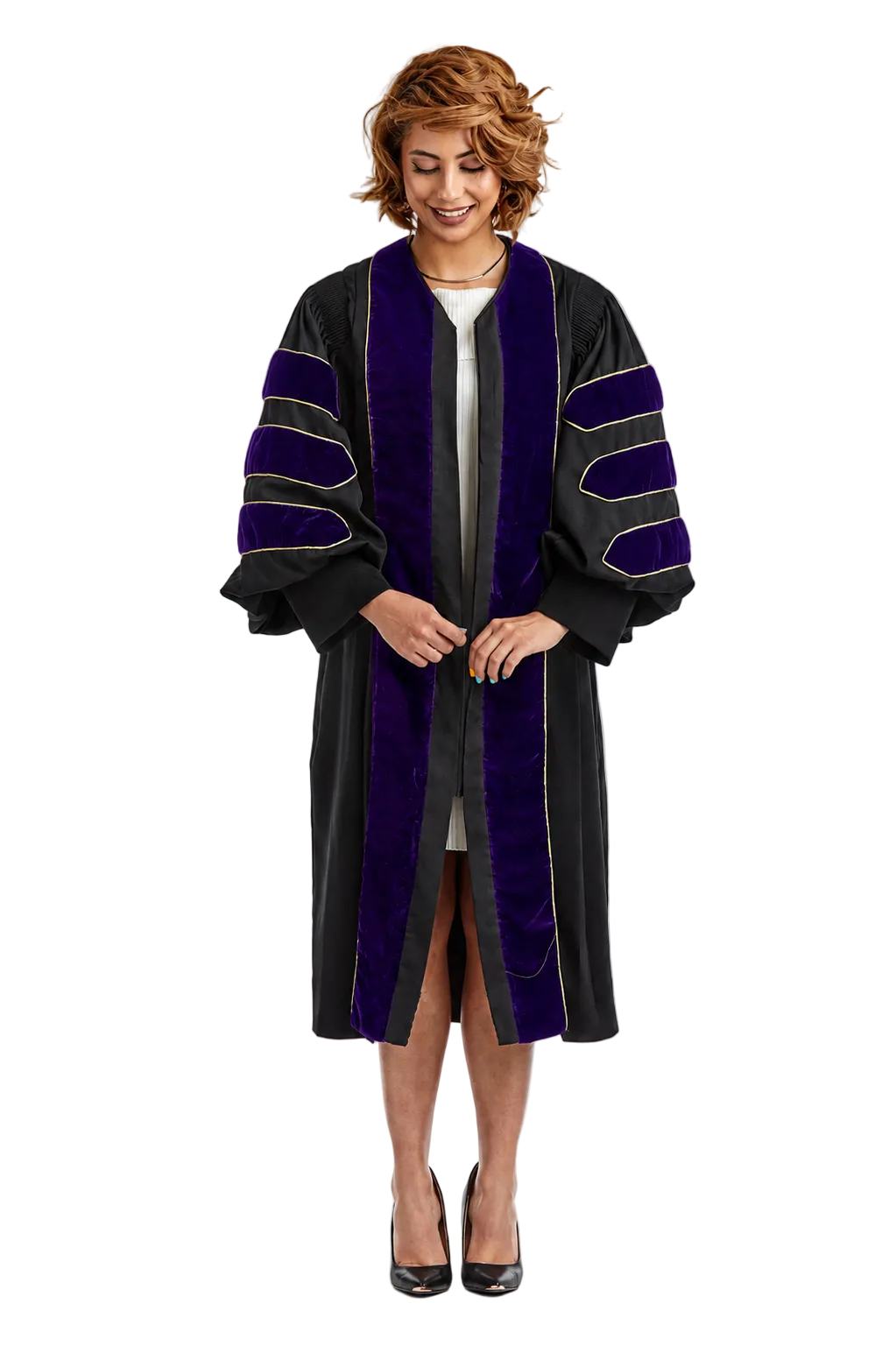 Cal State LA doctoral gown with black velvet panels, chevrons, and gold piping