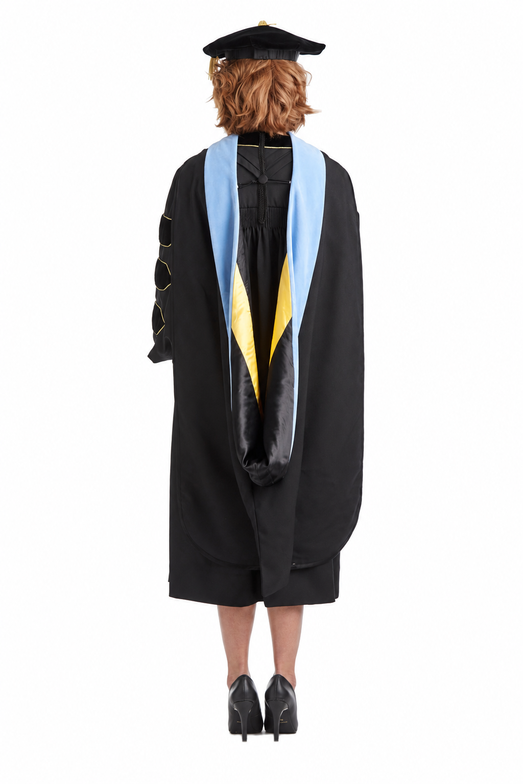 Cal State LA doctoral hood with light blue velvet trim, gold satin lining, and black chevrons