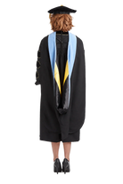 Cal State LA doctoral regalia set with doctoral gown, light blue hood, and eight-sided black velvet tam