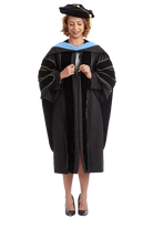 Cal State LA doctoral regalia set with doctoral gown, light blue hood, and eight-sided black velvet tam