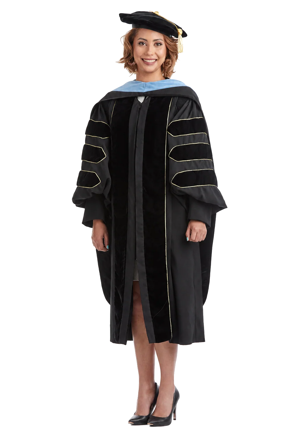 Cal State LA doctoral regalia set with doctoral gown, light blue hood, and eight-sided black velvet tam
