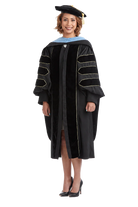 Cal State LA doctoral regalia set with doctoral gown, light blue hood, and eight-sided black velvet tam
