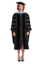 Cal State LA doctoral regalia set with doctoral gown, light blue hood, and eight-sided black velvet tam