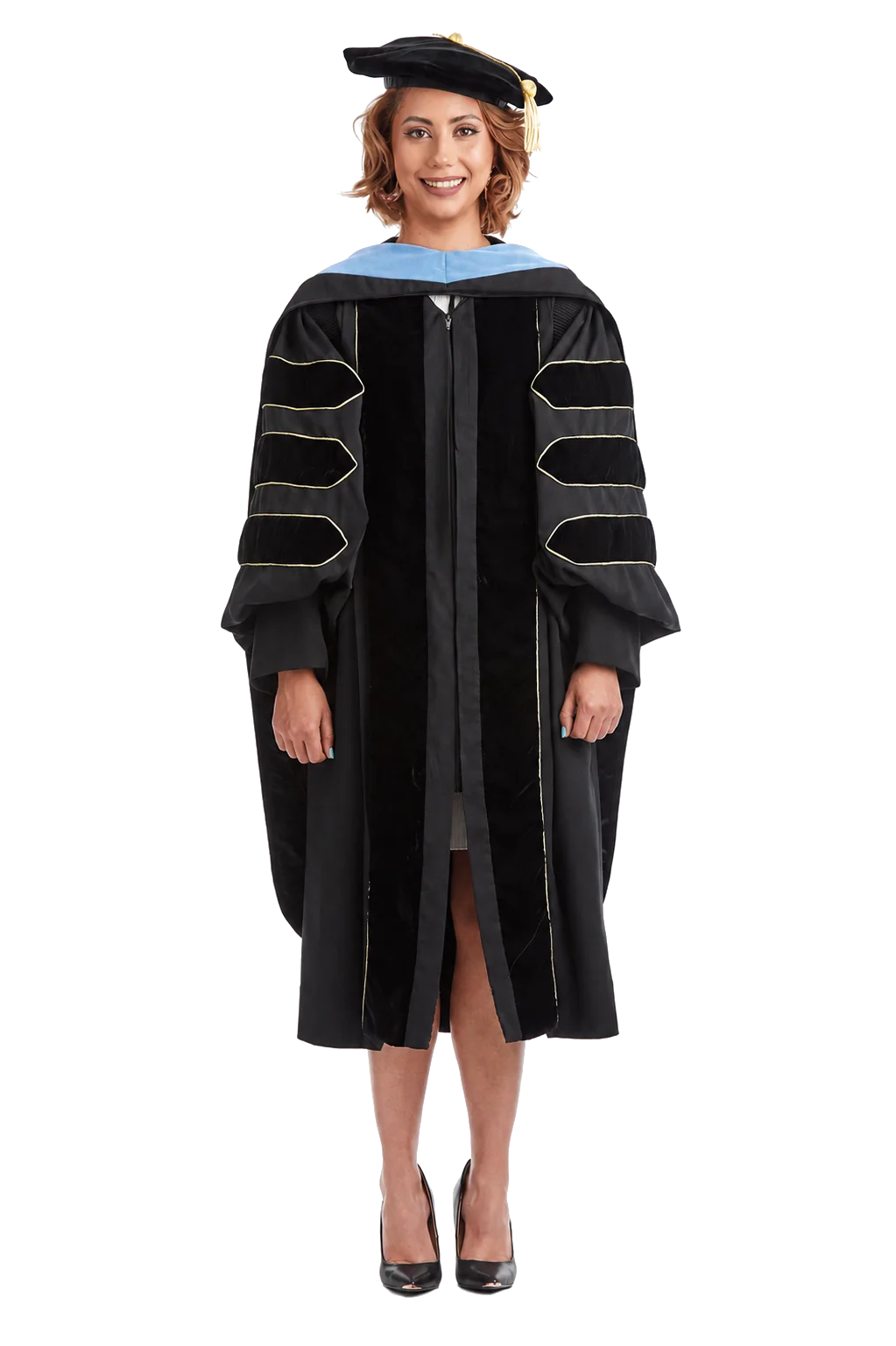 Cal State LA doctoral regalia set with doctoral gown, light blue hood, and eight-sided black velvet tam