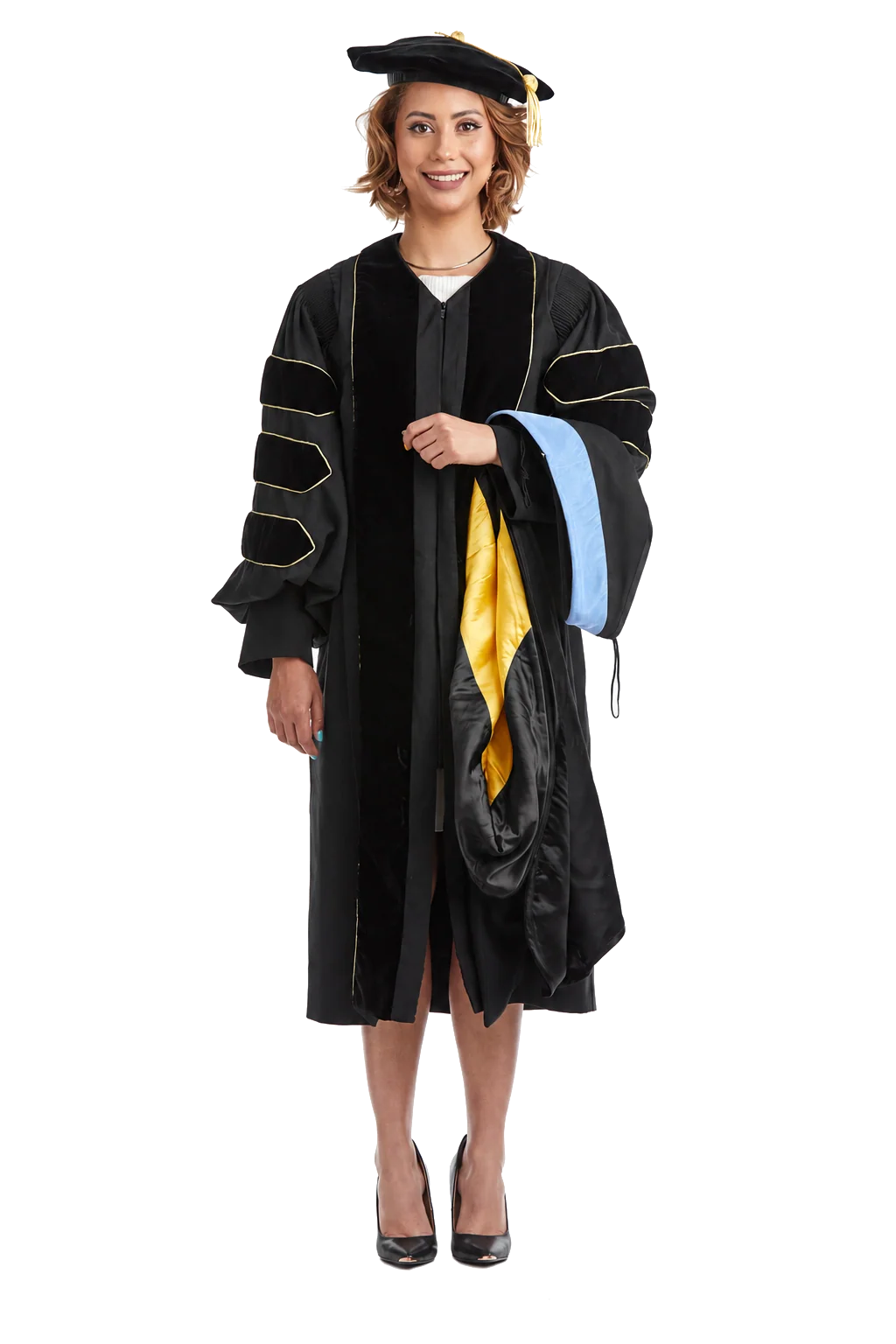 Cal State LA doctoral regalia set with doctoral gown, light blue hood, and eight-sided black velvet tam