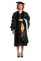 Cal State LA doctoral regalia set with doctoral gown, light blue hood, and eight-sided black velvet tam