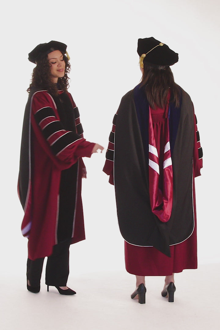 UMass Amherst PhD Regalia Set. Doctoral Gown, Hood, and Eight Sided Doctoral Tam with Tassel