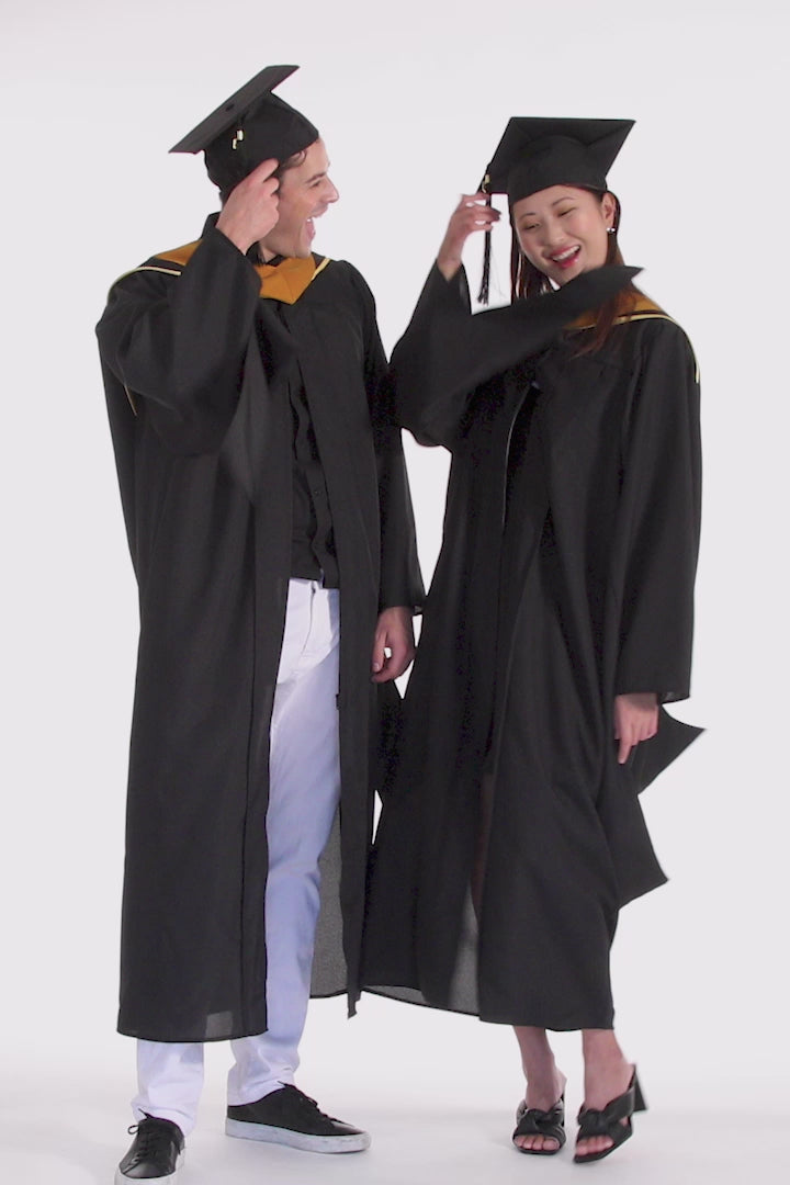 CAPGOWN | UC Santa Barbara Master's Regalia Set, include master's gown with pockets, mortarboard cap, degree hood, and tassel with year charm.