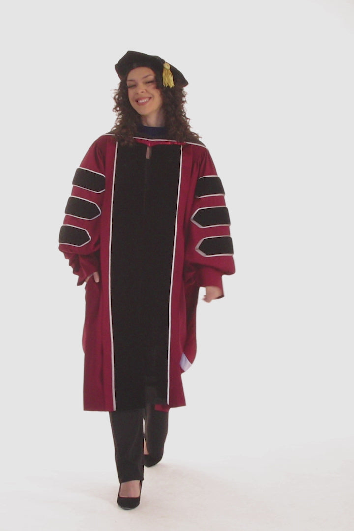 UMass Amherst PhD Regalia Set. Doctoral Gown, Hood, and Eight Sided Doctoral Tam with Tassel