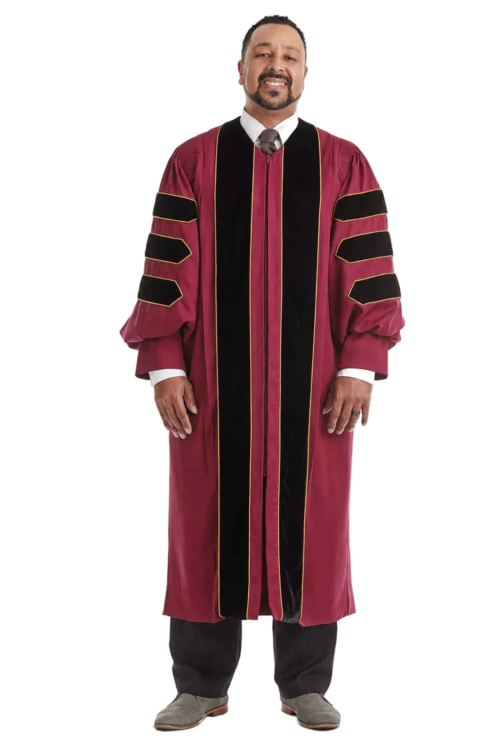 Maroon doctoral gown with black velvet panels and gold piping