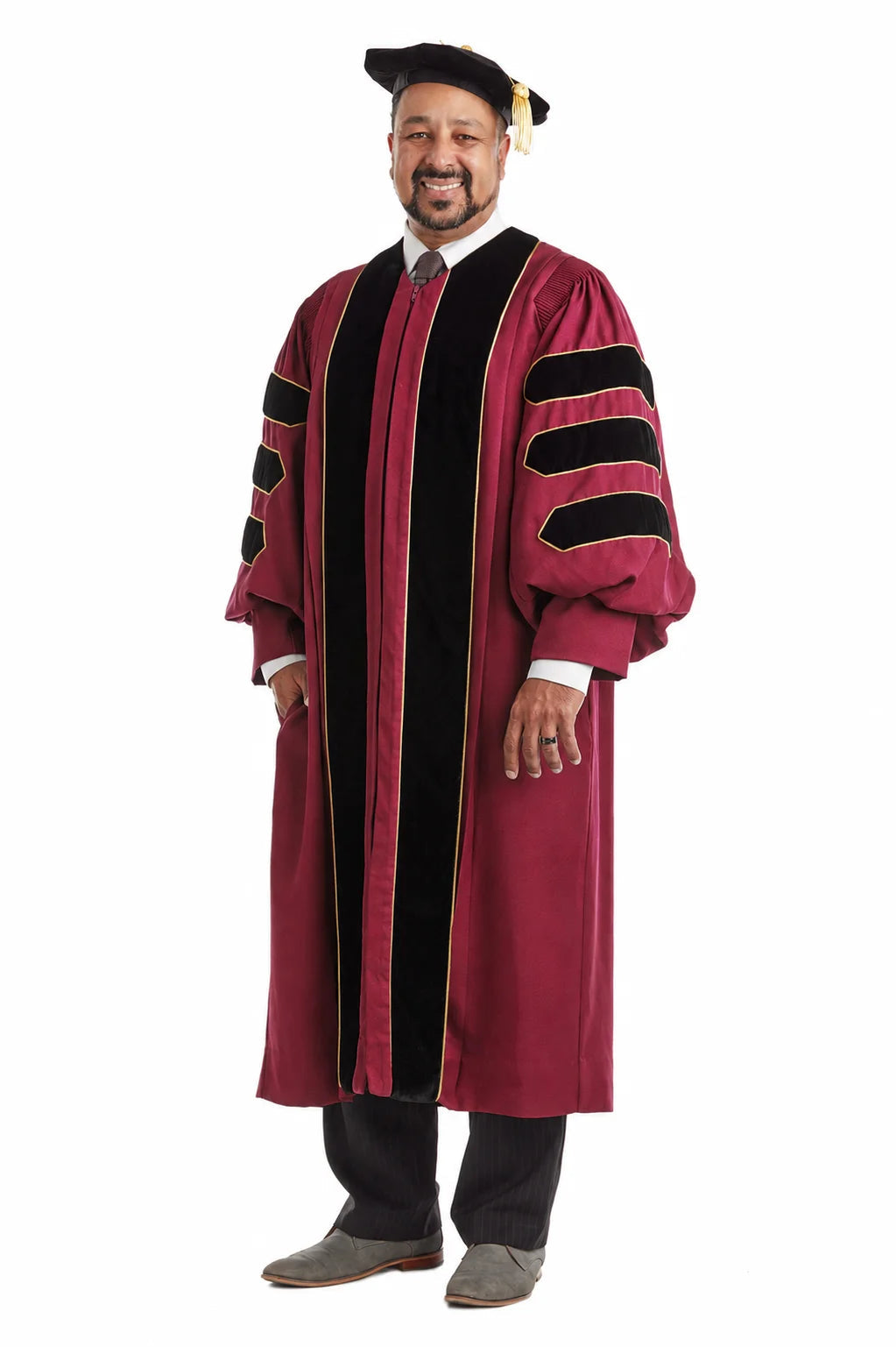 Texas State University complete doctoral regalia set with gown, hood, and tam