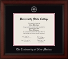 University of New Mexico Cherry Wood diploma frame with black and red matting and silver embossed school mark and name