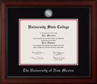University of New Mexico pewter medallion diploma frame with black and red matting and silver embossed school name