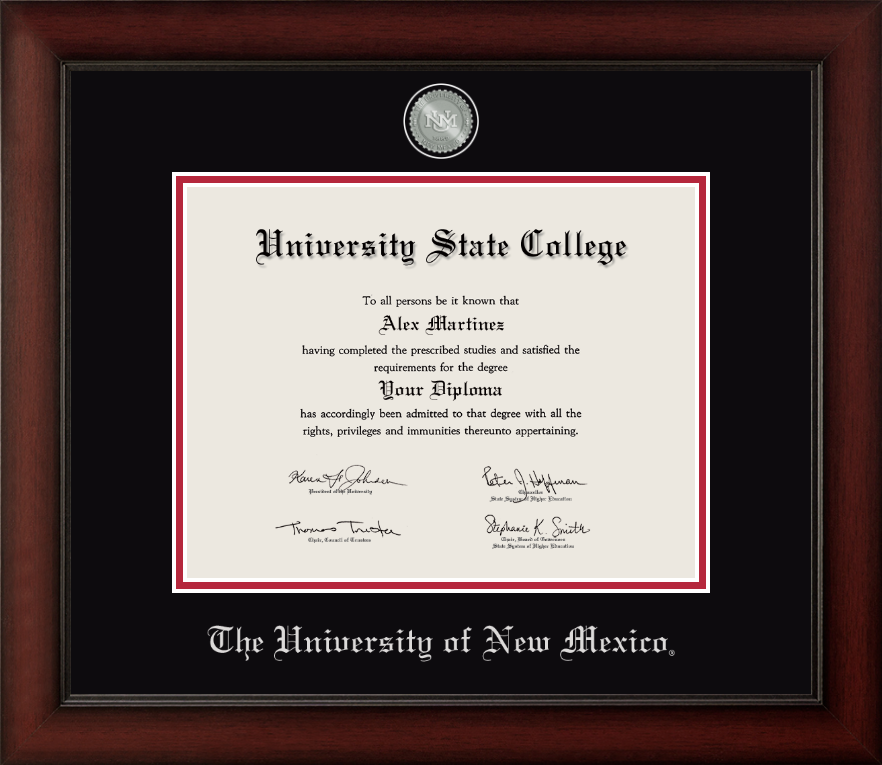 University of New Mexico pewter medallion diploma frame with black and red matting and silver embossed school name