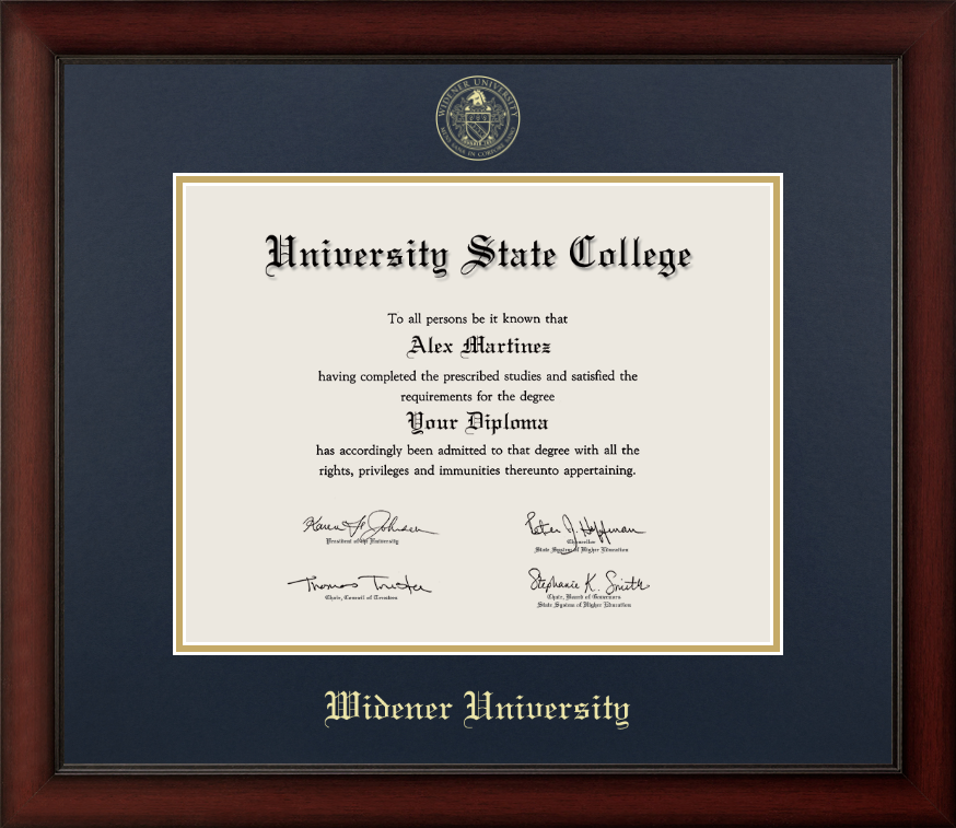 Widener University cherry wood diploma frame with navy and gold matting