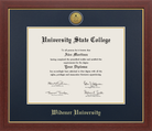 Widener University medallion diploma frame with navy and gold matting