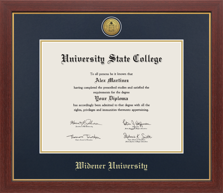 Widener University medallion diploma frame with navy and gold matting