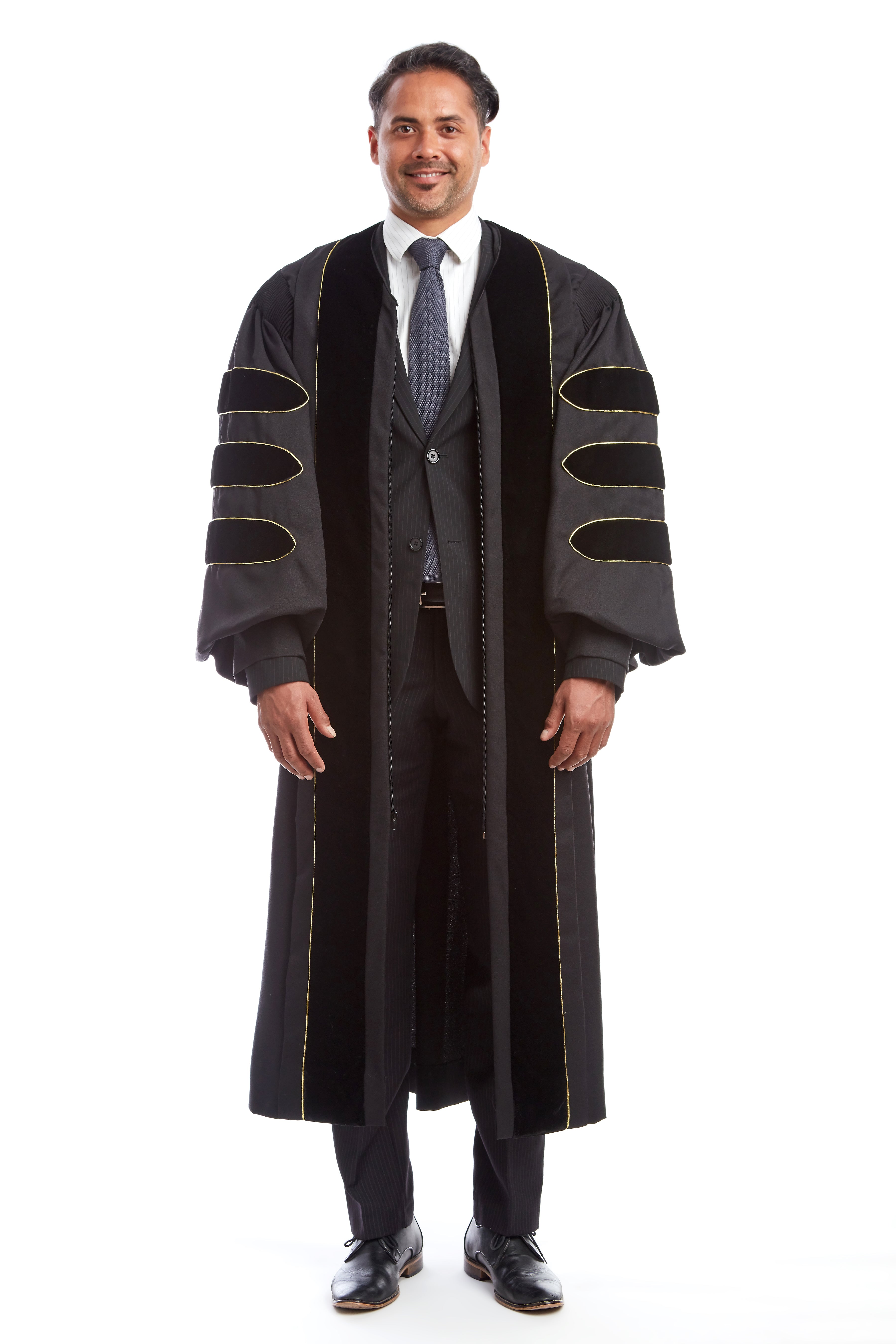 Premium Black Doctoral Gown with Gold Piping for Graduation 