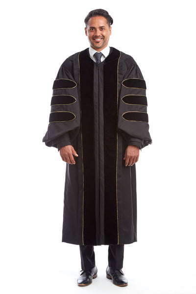 Premium Black Doctoral Gown with Gold Piping for Graduation 