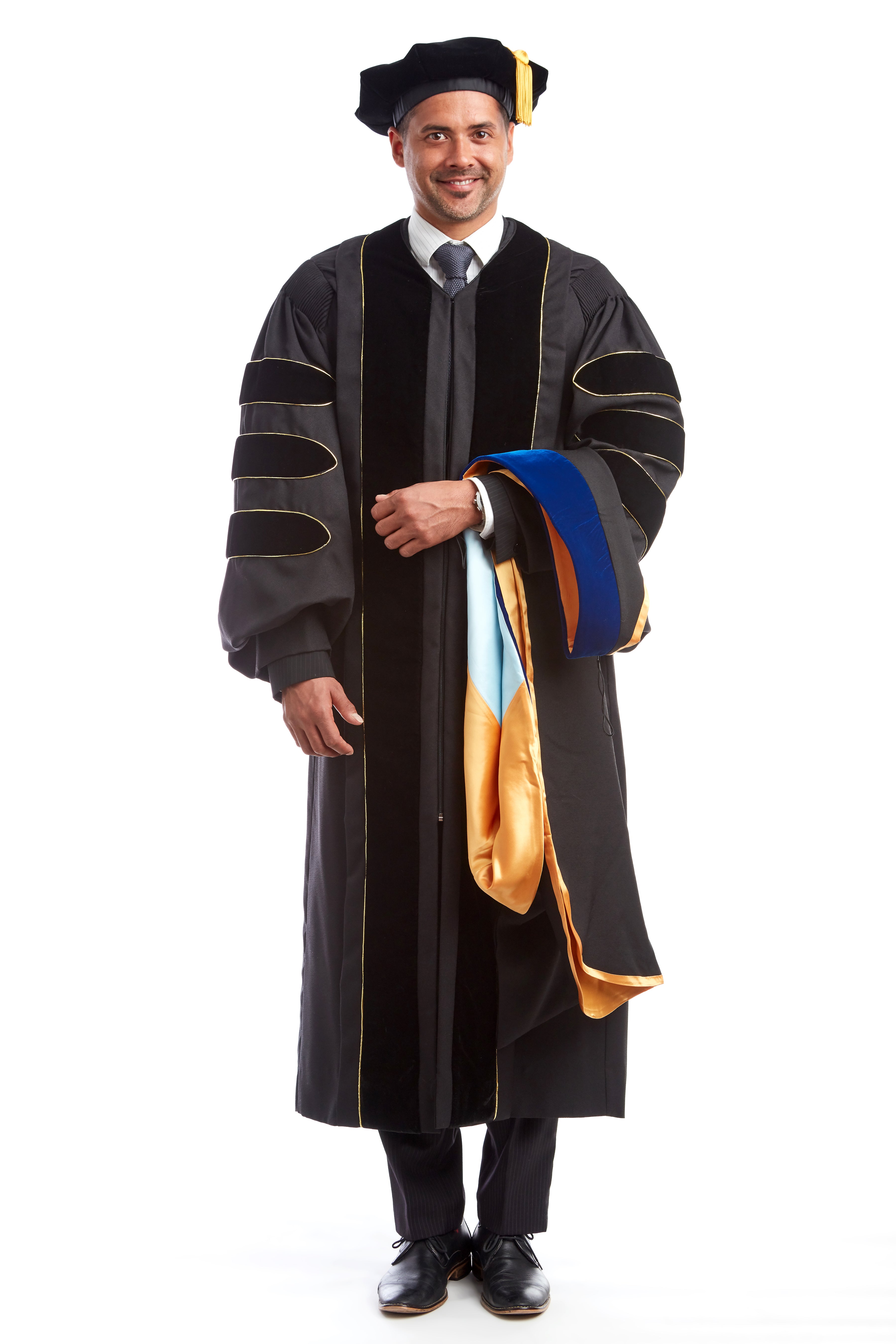 Premium Doctoral Black Gown, 8-Sided Cap / Tam, & PhD Hood Regalia Rental Set