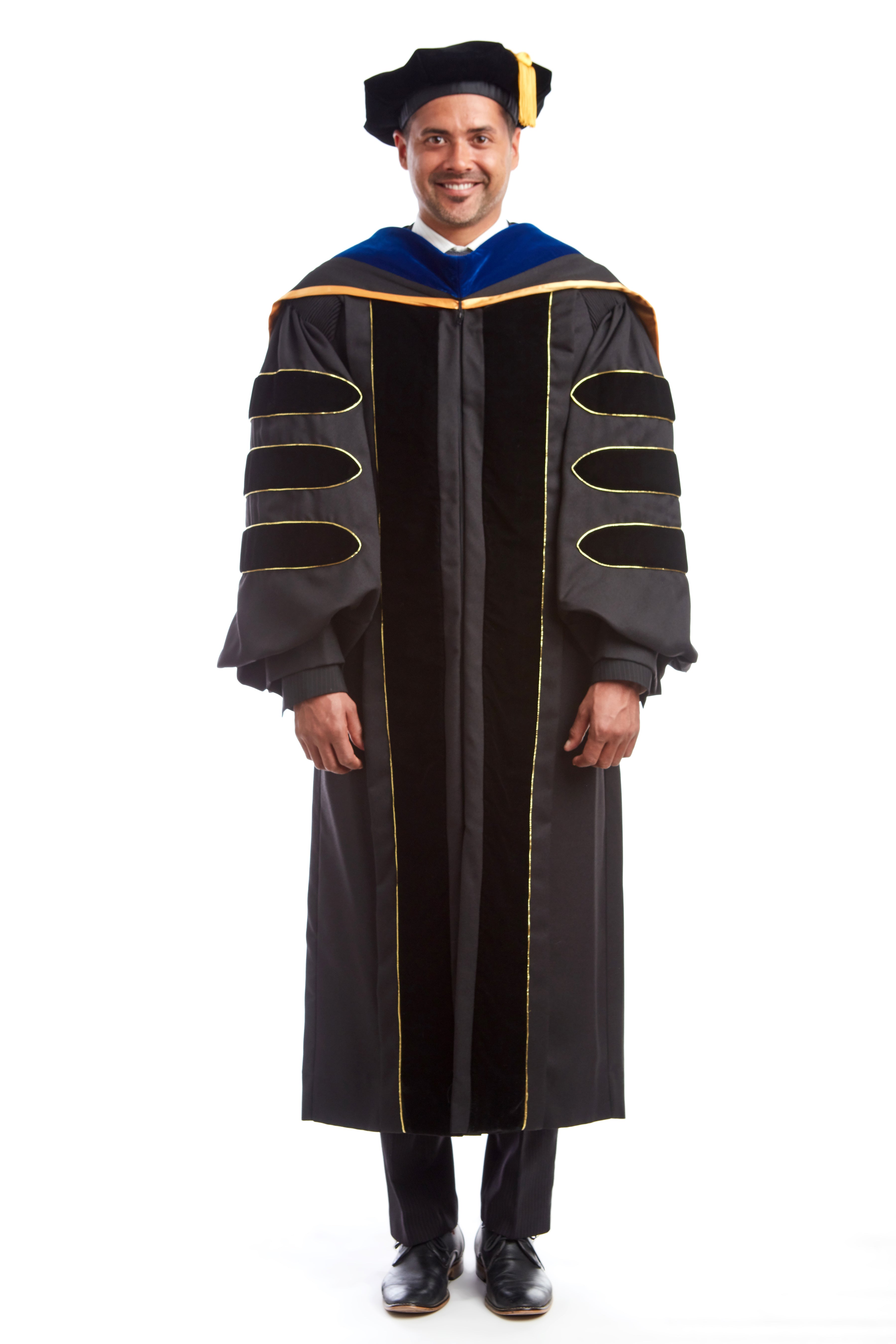 phd graduation dress Premium Black Gown, Tam, & Hood Regalia Set Karl Lagerfeld Paris Women's adorned with regal gold EVENING-STUDIO-SHOOT-24 Size-US:20