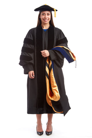 Premium Doctoral Black Gown, 8-Sided Cap / Tam, & PhD Hood Regalia Rental Set