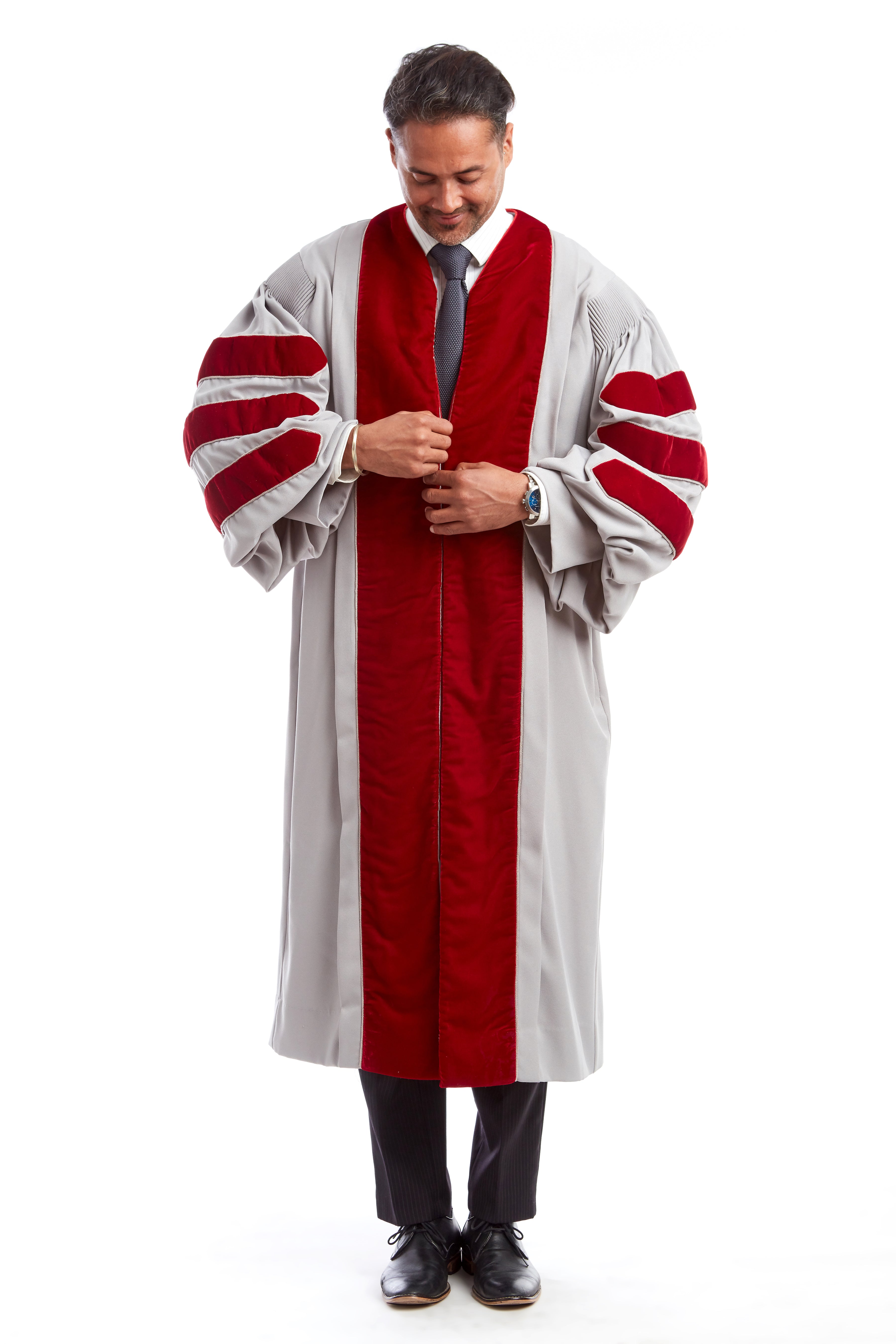 MIT Doctoral Gown, features Grey body with Cardinal Red Plush Velvet