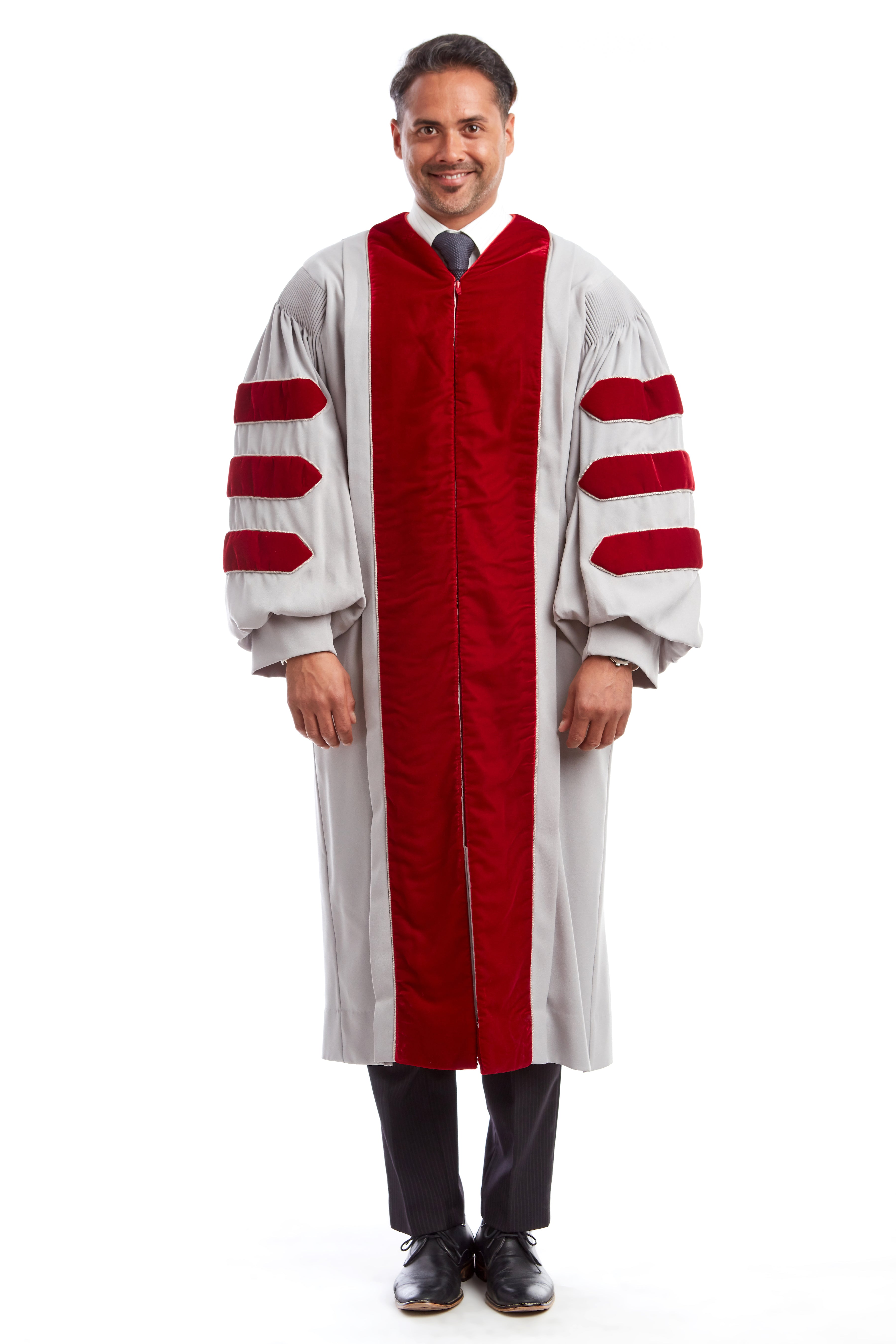 MIT Doctoral Gown, features Grey body with Cardinal Red Plush Velvet