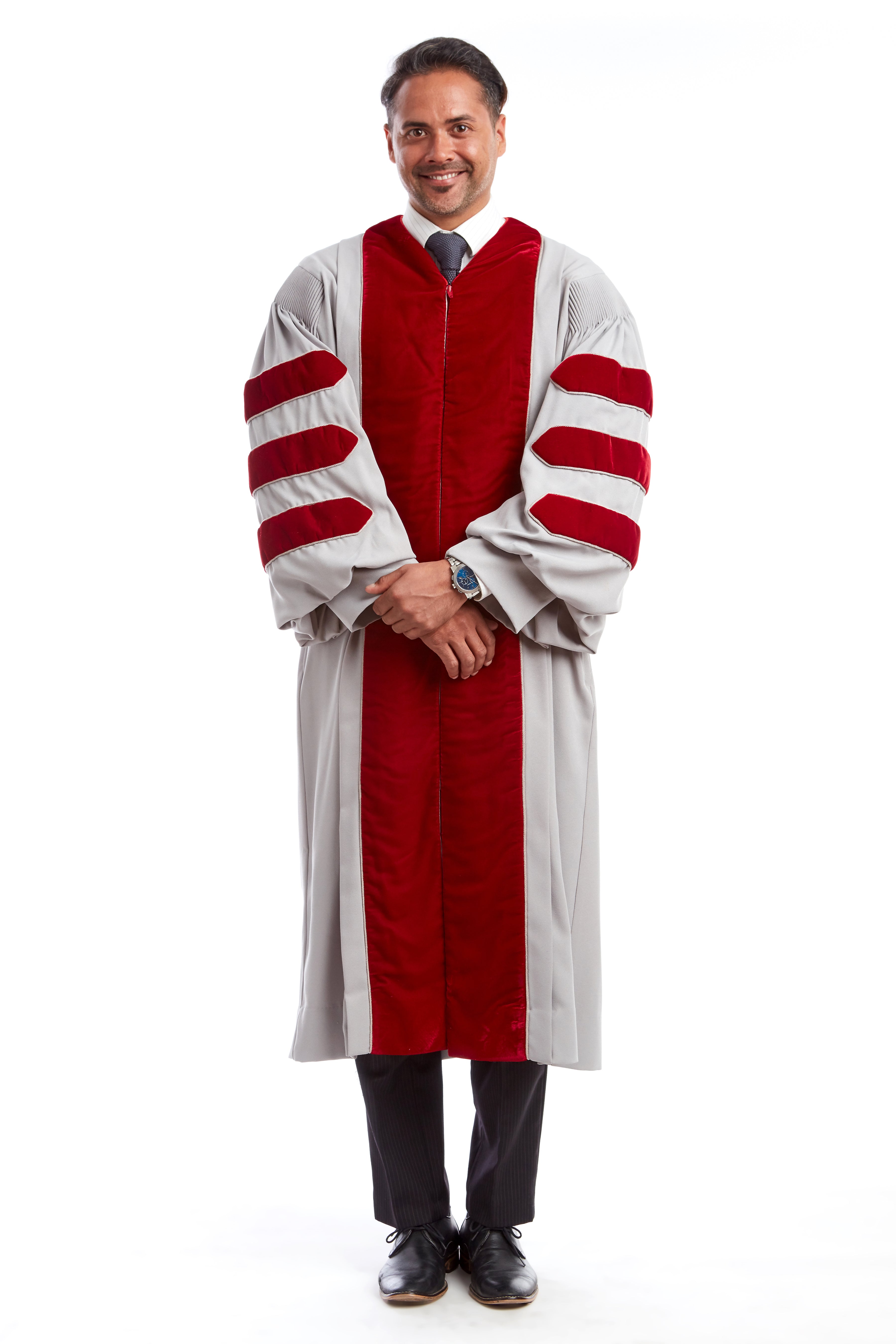 MIT Doctoral Gown, features Grey body with Cardinal Red Plush Velvet