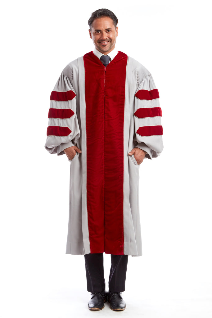 MIT Doctoral Gown, features Grey body with Cardinal Red Plush Velvet