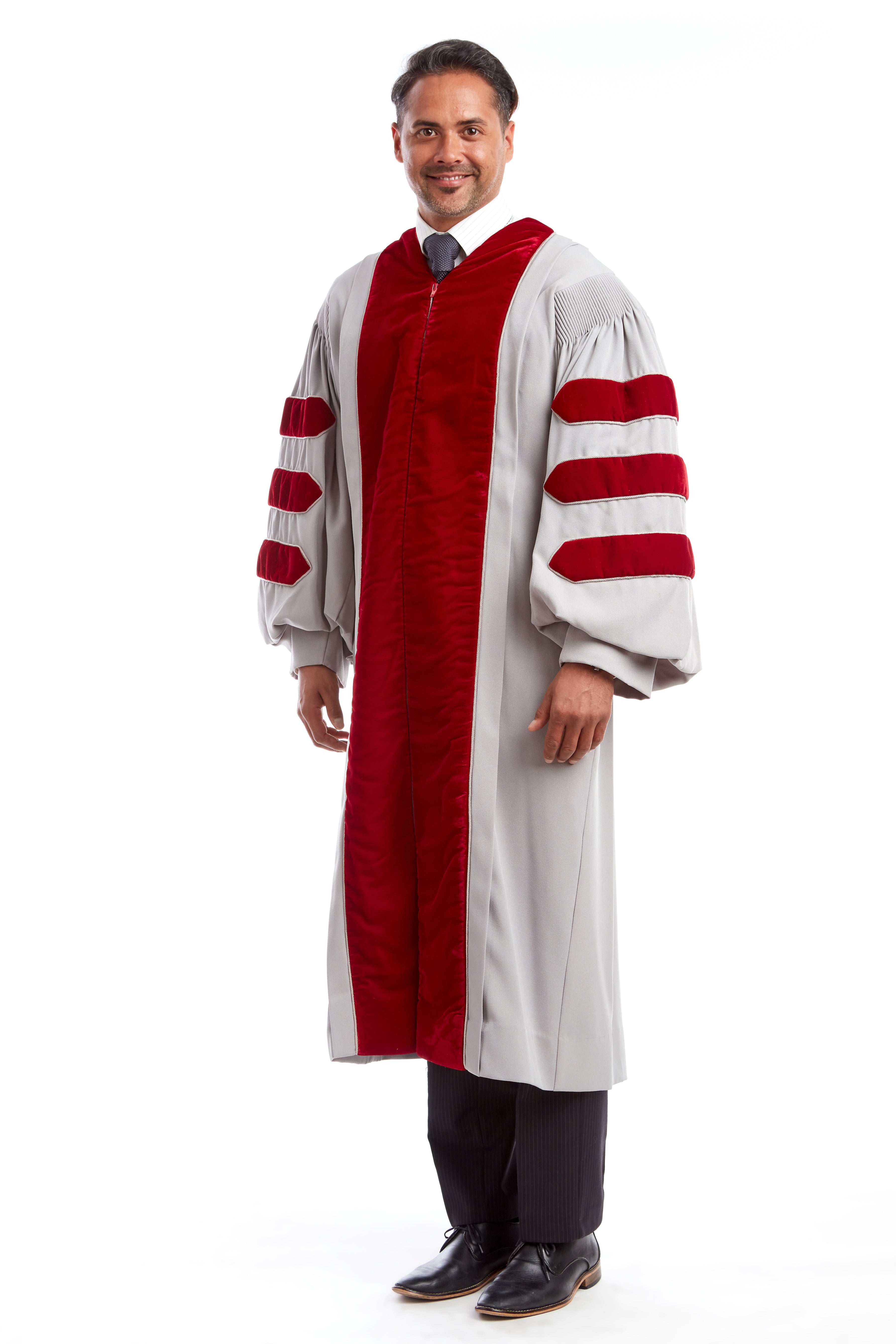 MIT Doctoral Gown, features Grey body with Cardinal Red Plush Velvet