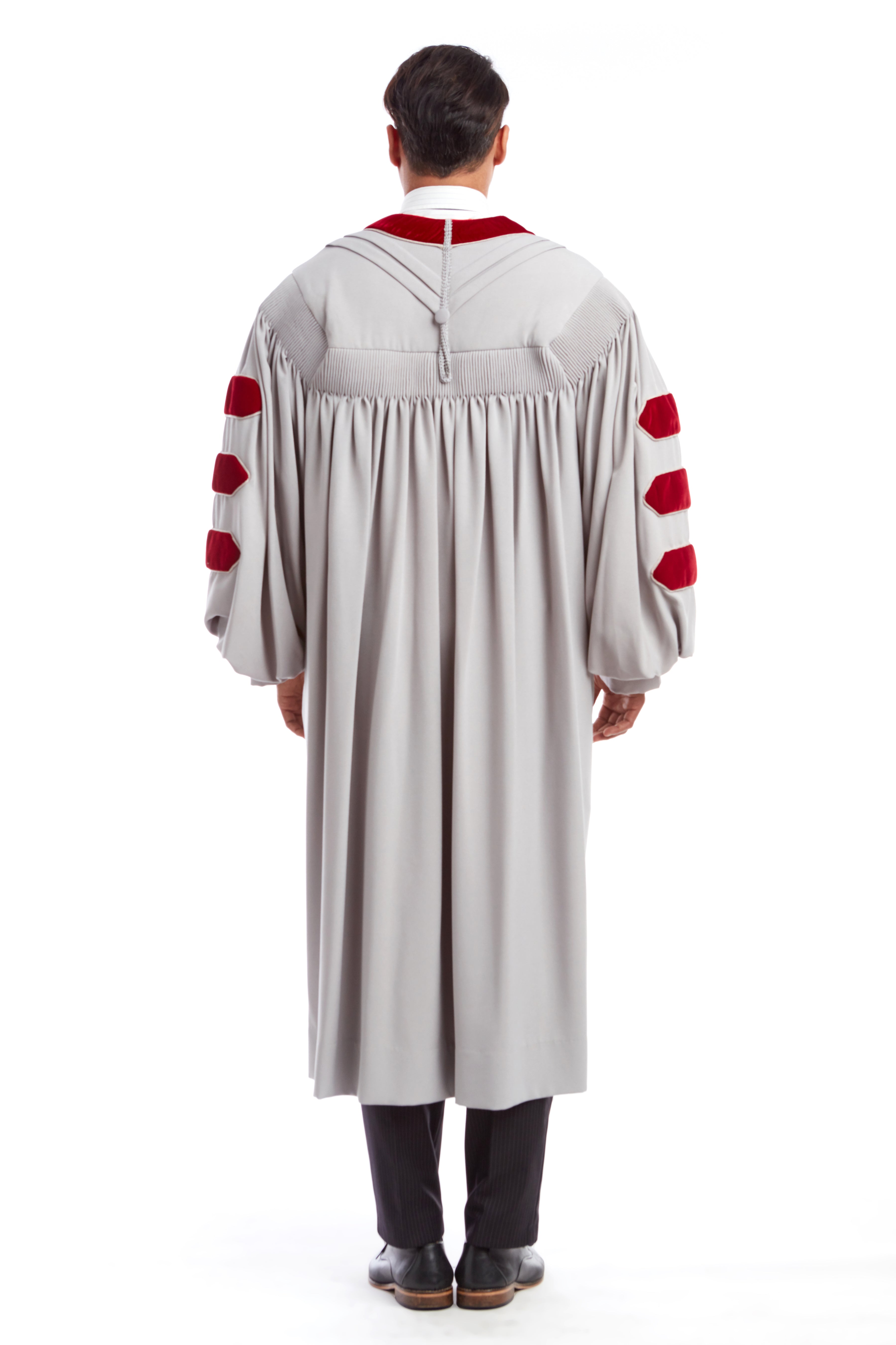 MIT Doctoral Gown, features Grey body with Cardinal Red Plush Velvet