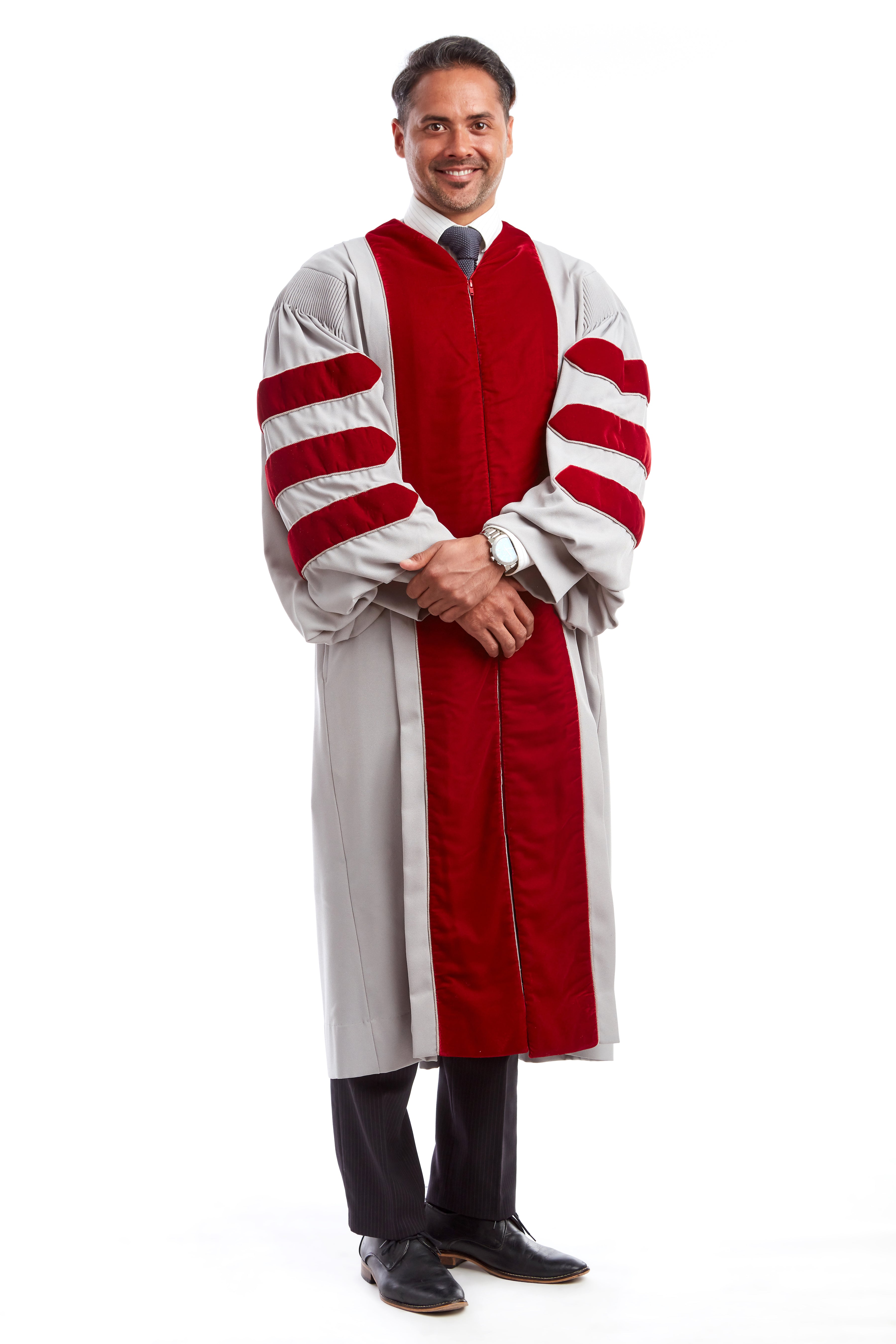 MIT Doctoral Gown, features Grey body with Cardinal Red Plush Velvet
