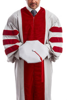 MIT Doctoral Regalia Set. Premium Grey and Cardinal Red Gown with Eight-Sided Cap/Tam including Red Tassel