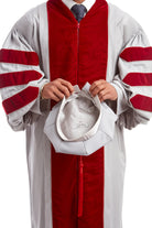 MIT Doctoral Regalia Set. Premium Grey and Cardinal Red Gown with Eight-Sided Cap/Tam including Red Tassel