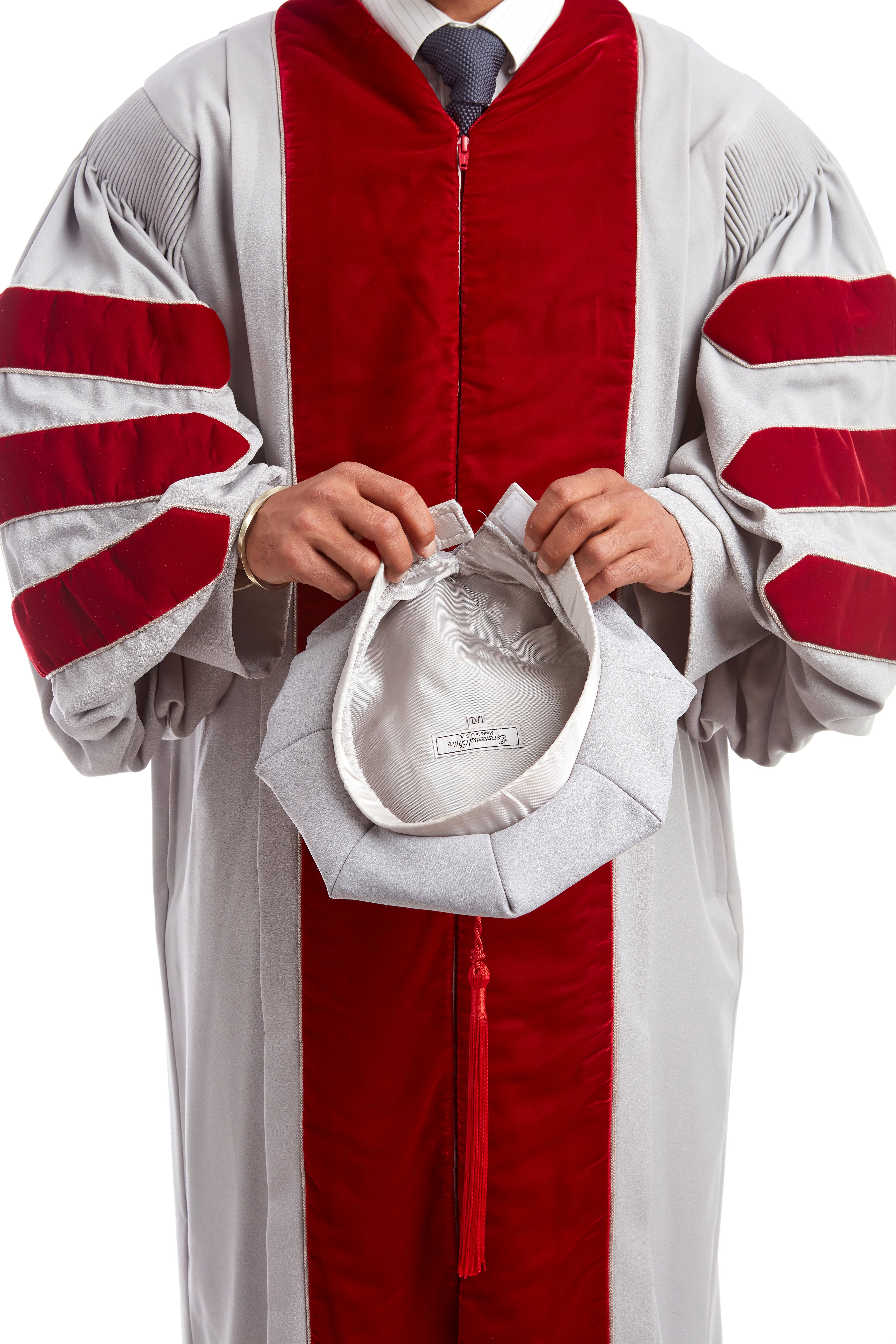 MIT Doctoral Regalia Set. Premium Grey and Cardinal Red Gown with Eight-Sided Cap/Tam including Red Tassel