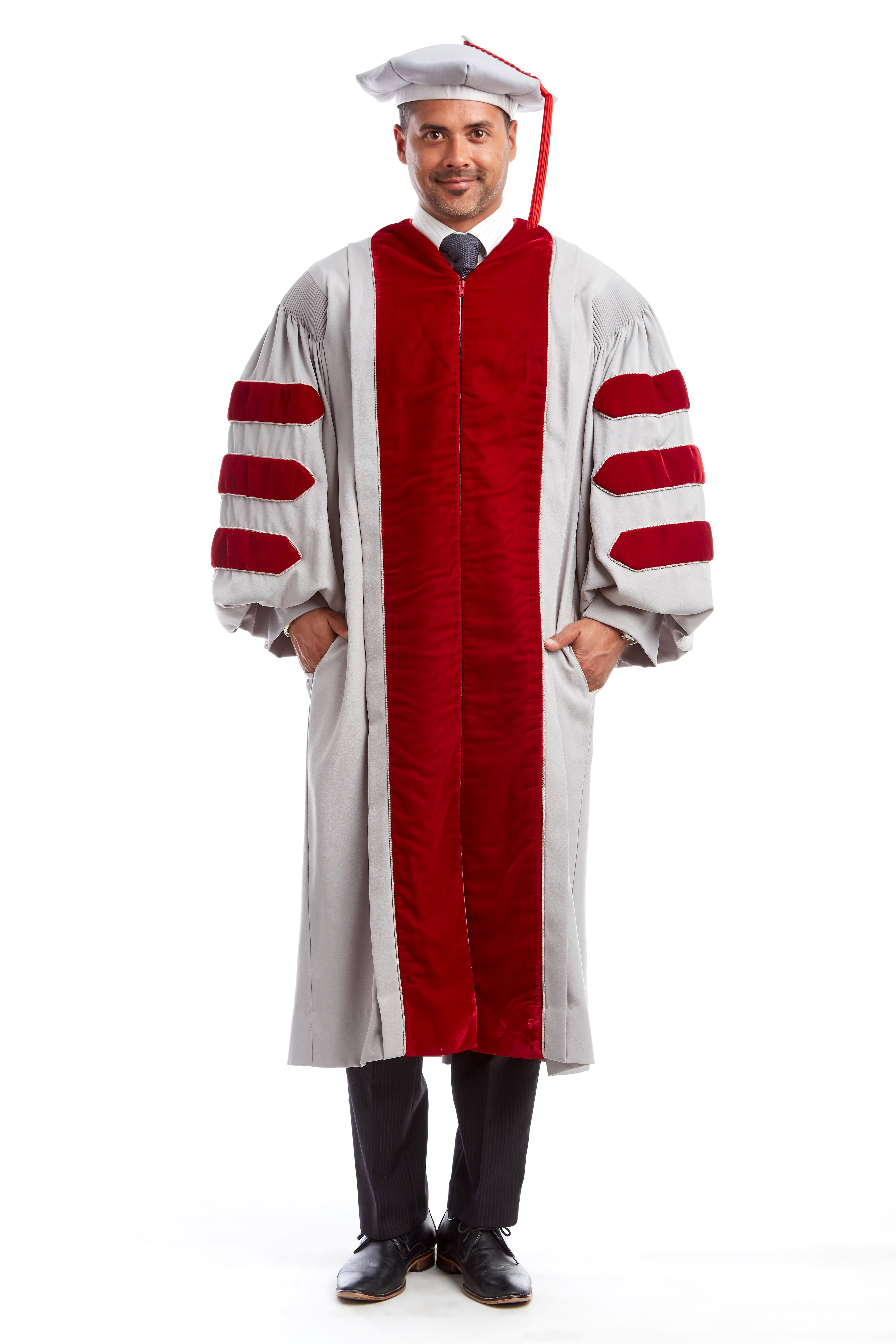 MIT Doctoral Regalia Set. Premium Grey and Cardinal Red Gown with Eight-Sided Cap/Tam including Red Tassel