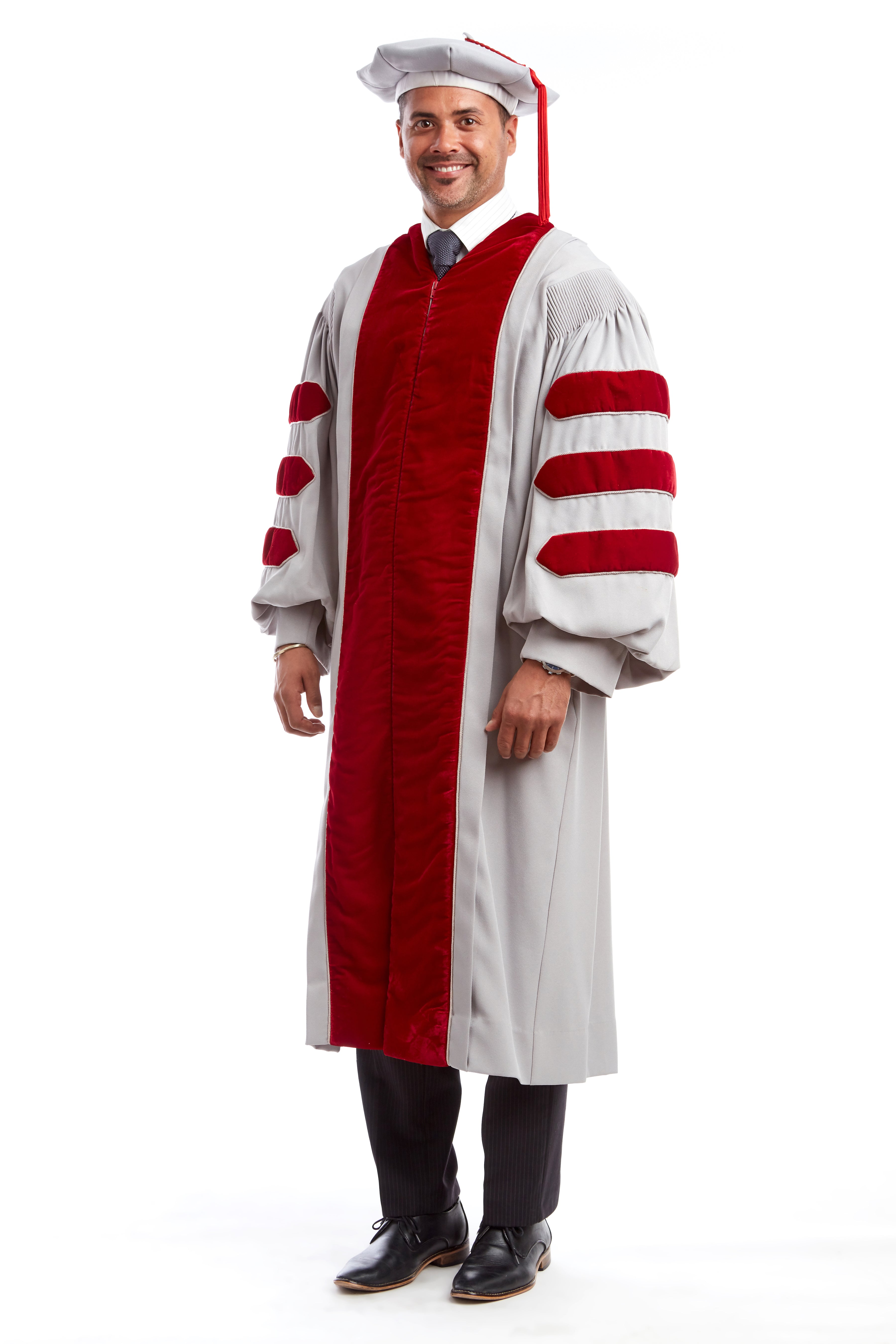 MIT Doctoral Regalia Set. Premium Grey and Cardinal Red Gown with Eight-Sided Cap/Tam including Red Tassel